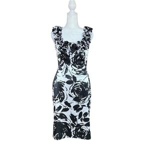 White House Black Market Ruffle Floral Sheath Dress‎ Women's Size 2 Black White